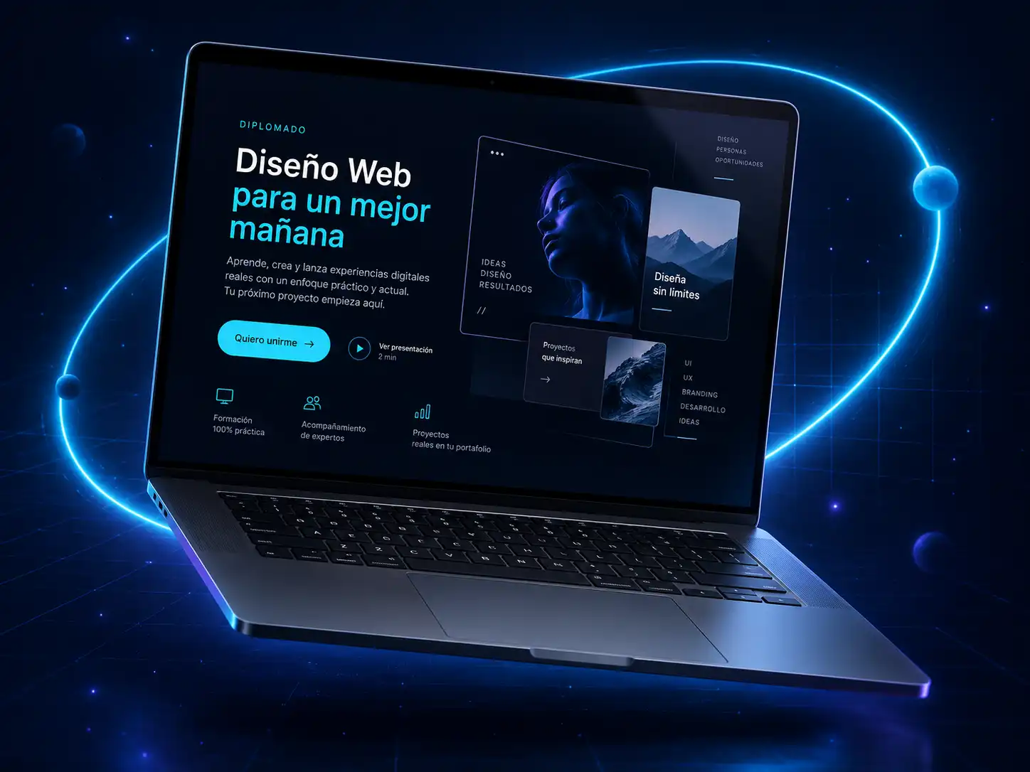 Laptop con pantalla de diseño web y un aro azul luminoso